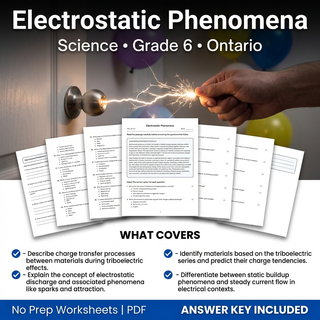 Grade 6 Science Worksheet on Electrostatic Phenomena – Ontario Standard