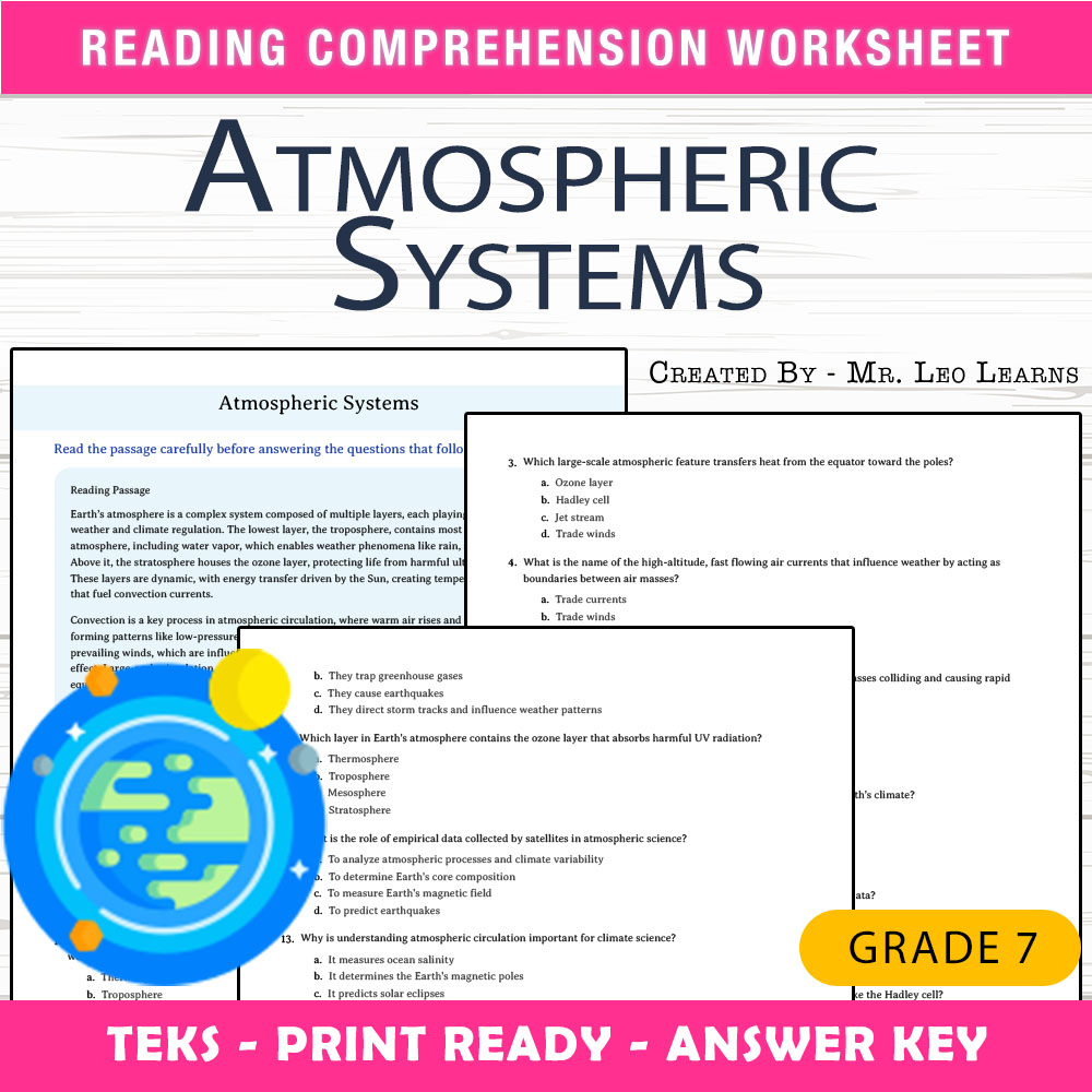 Grade 7 Science worksheet worksheet — Grade 7 Science — Atmospheric Systems Worksheet for Mastery — page 1