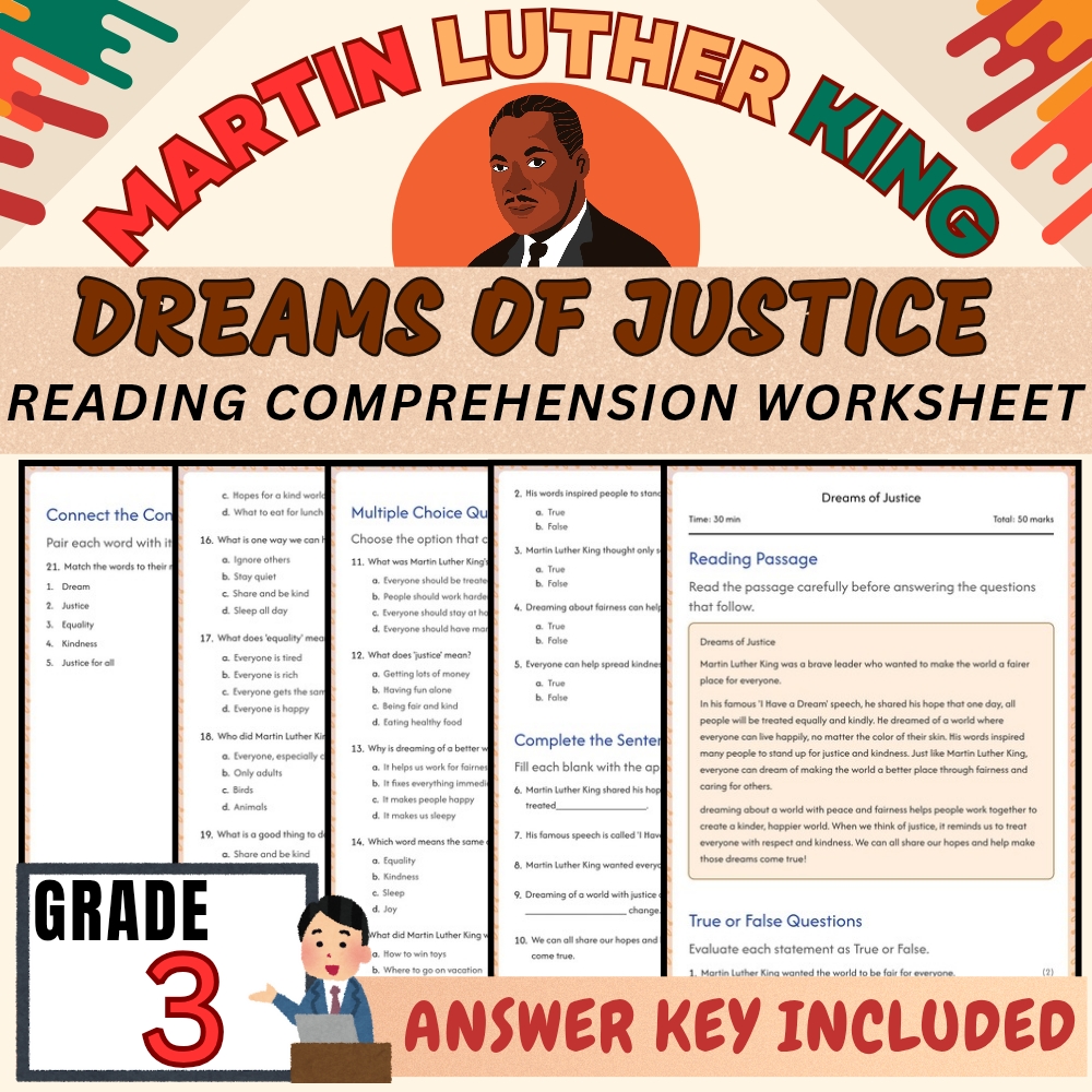 Grade 3| Martin Luther King Worksheet for Understanding Justice|PDF + Answer Key