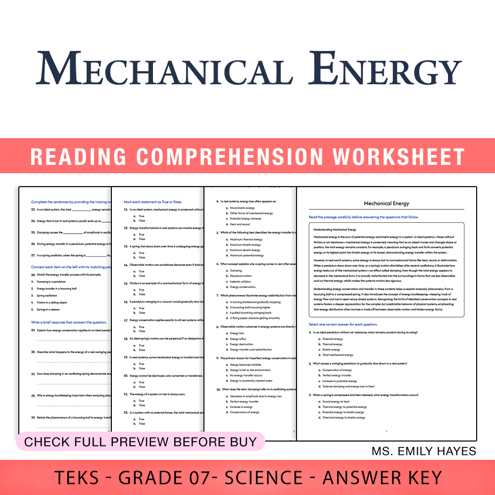 Grade 7 Science worksheet worksheet — 7th Grade Science | Mechanical Energy Worksheet (PDF+ Answer Key) — page 1