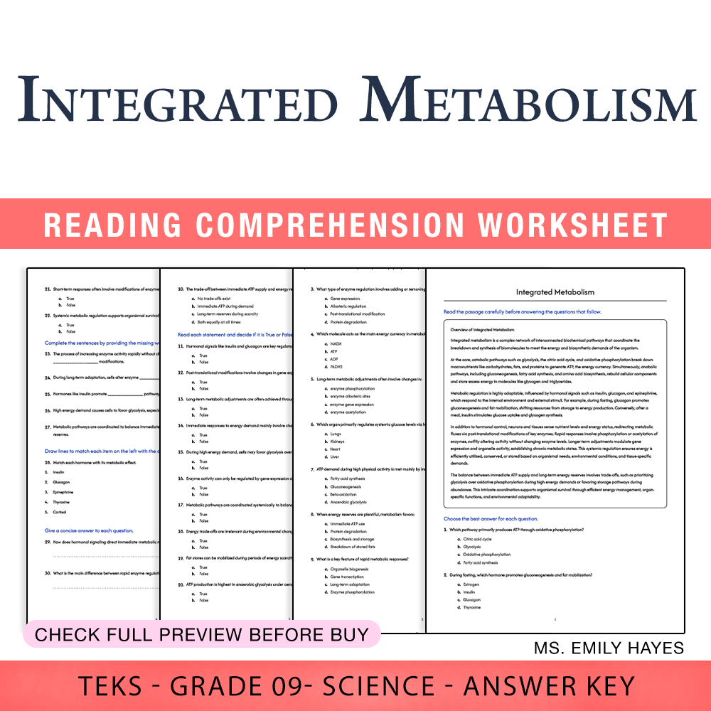 Grade 9 Science worksheet worksheet — 9th Grade Science | Integrated Metabolism Worksheet (PDF+ Answer Key) — page 1