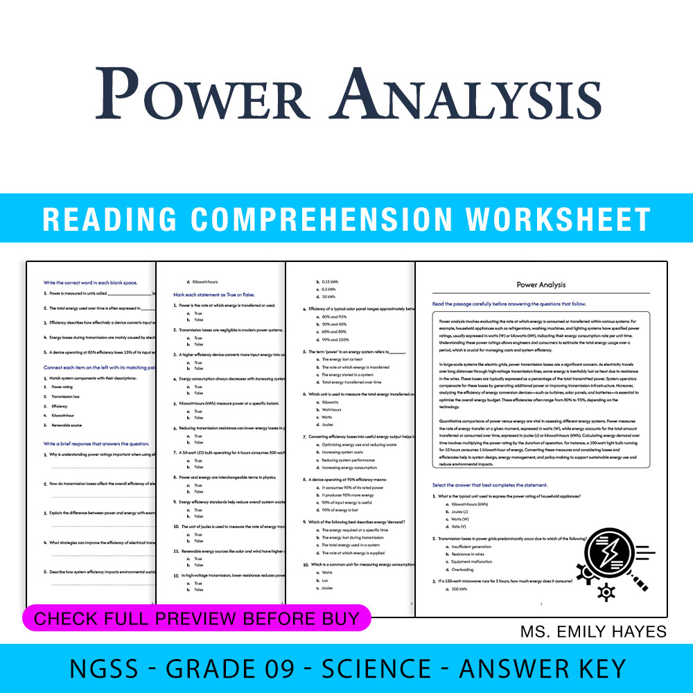 Grade 9 Science worksheet worksheet — 9th Grade Science | Power Analysis Worksheet (PDF + Answer Key) — page 1