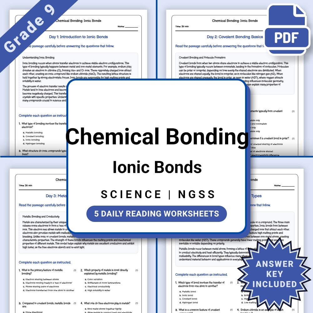 Grade 9 Science daily reading worksheet worksheet — Grade 9 Science – Ionic Bonds Daily Reading Worksheet(PDF + Answer Key…