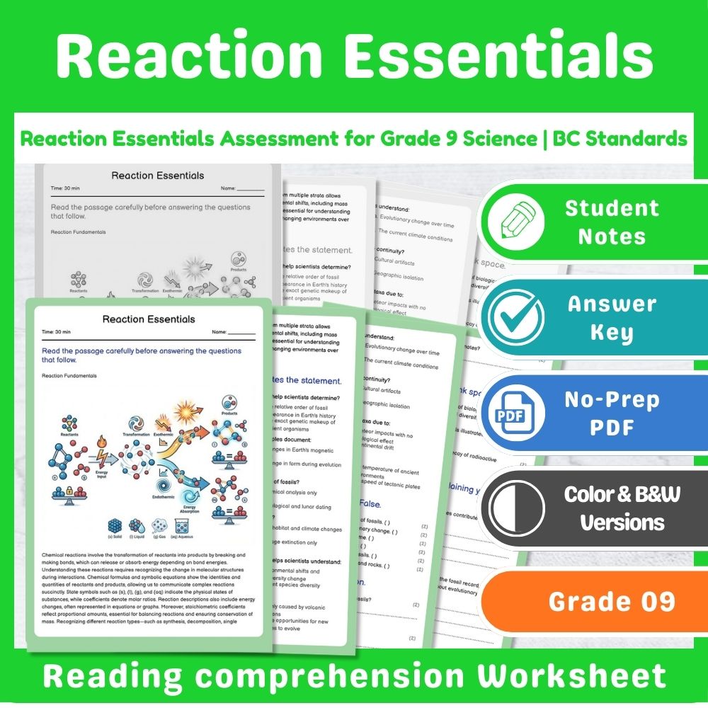 Grade 9 Science Mini Bundle | Chemical Reactions Assessment – BC Standards — included worksheet 14