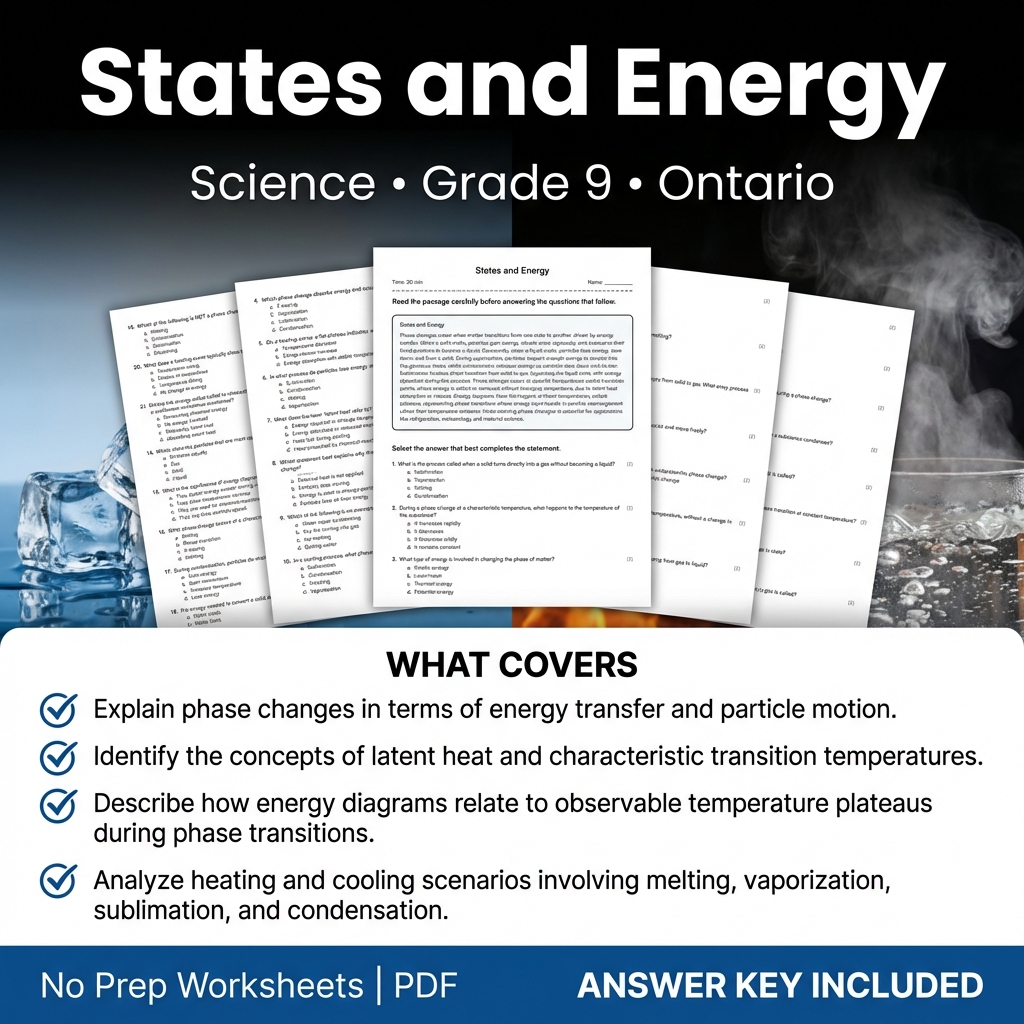 States and Energy Grade 9 Science Worksheet | Ontario Standards