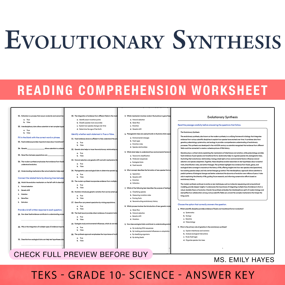 Grade 10 Science worksheet worksheet — 10th Grade Science | Evolutionary Synthesis Worksheet (PDF+ Answer Key) — page 1