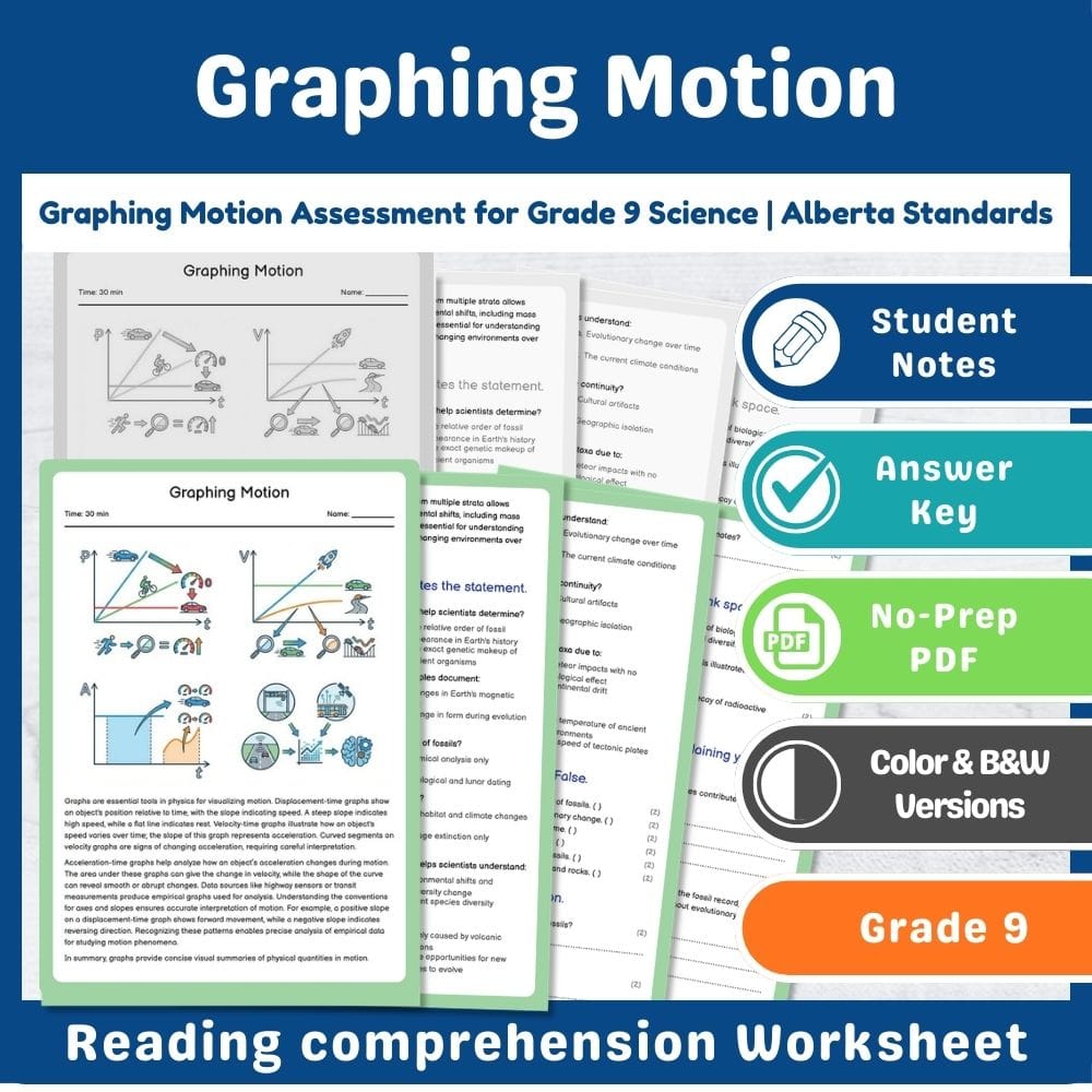 Grade 9 Science assessment worksheet — Graphing Motion Assessment for Grade 9 Science | Alberta Standards — page 1