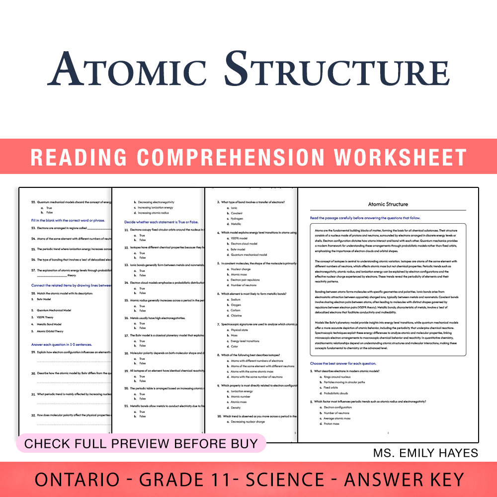 Grade 11 Science worksheet worksheet — 11th Grade Science | Atomic Structure Worksheet (PDF + Answer Key) — page 1