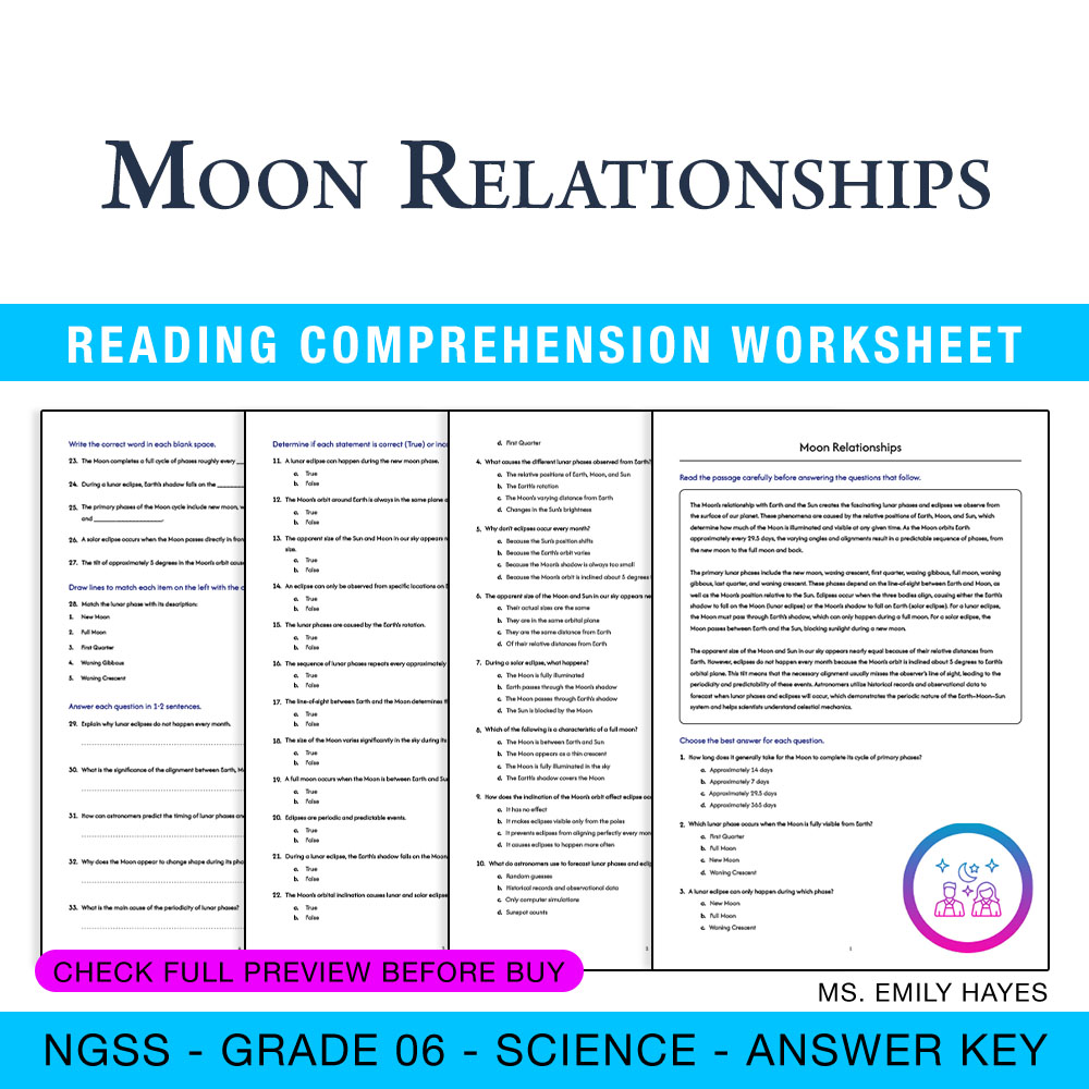 Grade 6 Science worksheet worksheet — 6th Grade Science | Moon Relationships Worksheet (PDF + Answer Key) — page 1