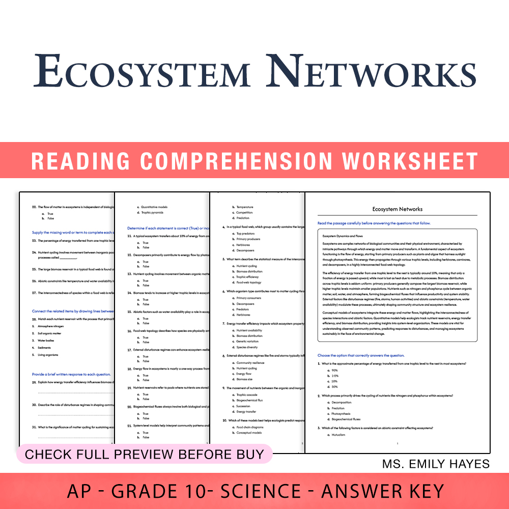Grade 10 Science worksheet worksheet — 10th Grade Science | Ecosystem Networks Worksheet (PDF+ Answer Key) — page 1