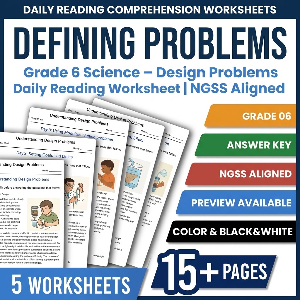 Grade 6 Science daily reading worksheet — Grade 6 Science – Design Problems Daily Reading Worksheet | NGSS Aligned