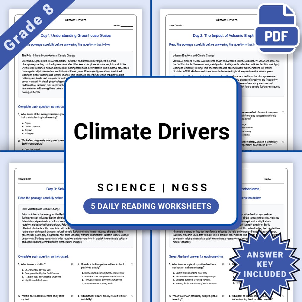 Grade 8 Science daily reading worksheet worksheet — Grade 8 Science Climate Drivers Daily Reading Worksheet(PDF + Answer K…