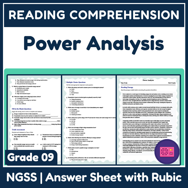 Grade 9 Science reading worksheets worksheet — Grade 9 Science | Power Analysis Reading Worksheet (PDF + Rubric) — page 1