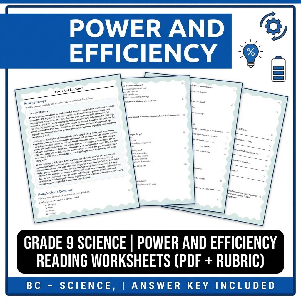 Grade 9 Science | Power and Efficiency Reading Worksheets (PDF + Rubric)