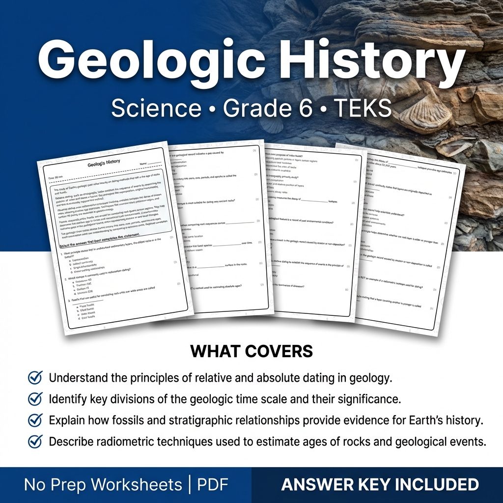 Grade 6 Science Worksheet on Geologic History with Answer Key | TEKS Aligned