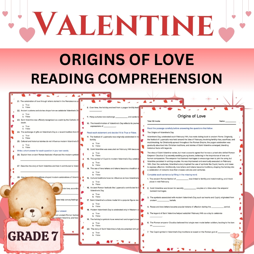 Grade 7 Seasonal Vocabulary | Origins of Love Valentine Worksheet (PDF)
