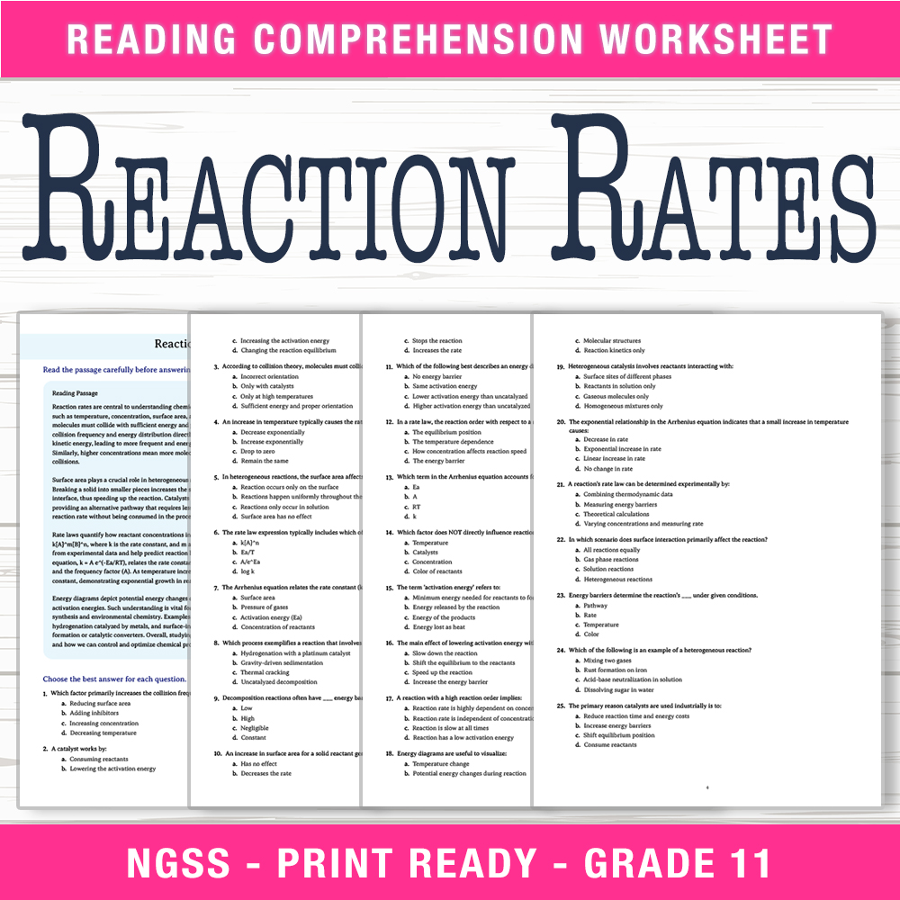 Grade 11 Science worksheet worksheet — Grade 11 Science – Reaction Rates Worksheet (PDF + Answer Key) — page 1