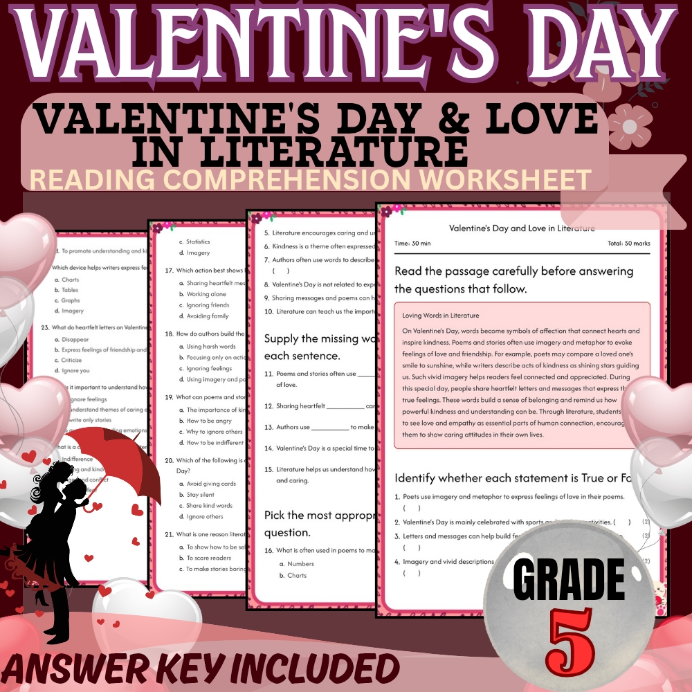 Grade 5 Holiday Valentine Day Worksheet for Mastering Literature|PDF+Answer Key