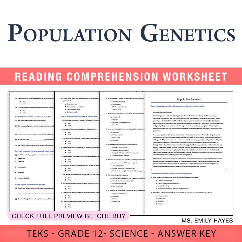 Grade 12 Science worksheet worksheet — 12th Grade Science | Population Genetics Worksheet (PDF+ Answer Key) — page 1