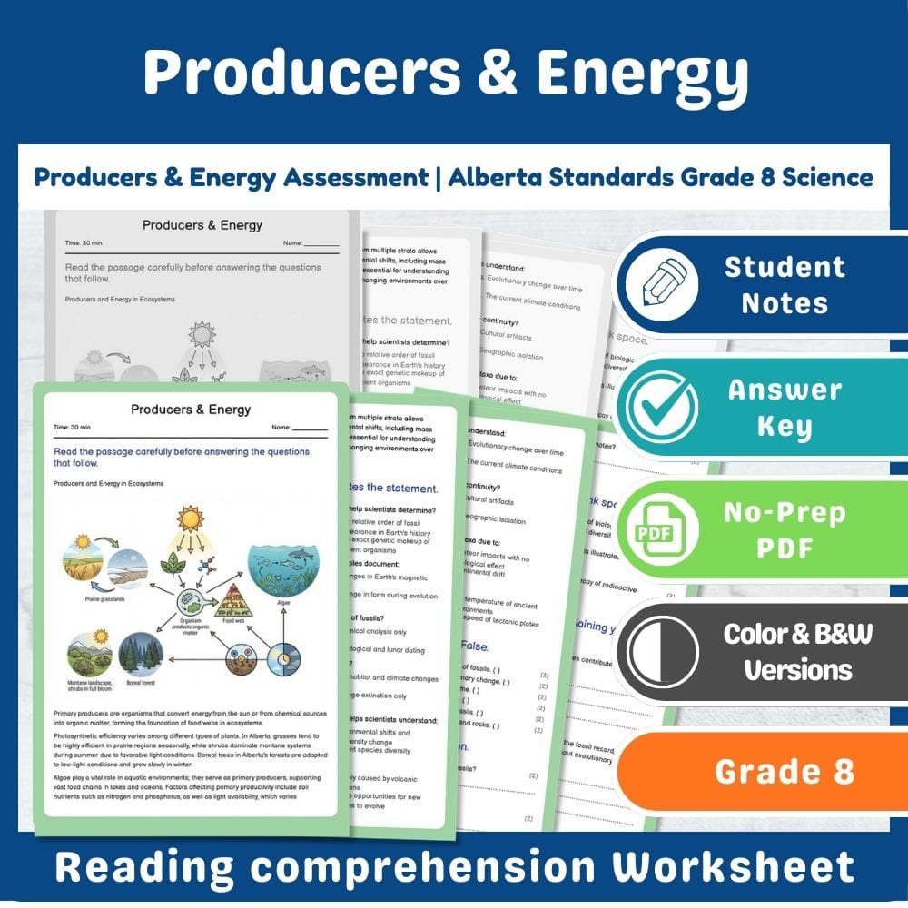 Grade 8 Science assessment worksheet — Producers & Energy Assessment | Alberta Standards Grade 8 Science — page 1