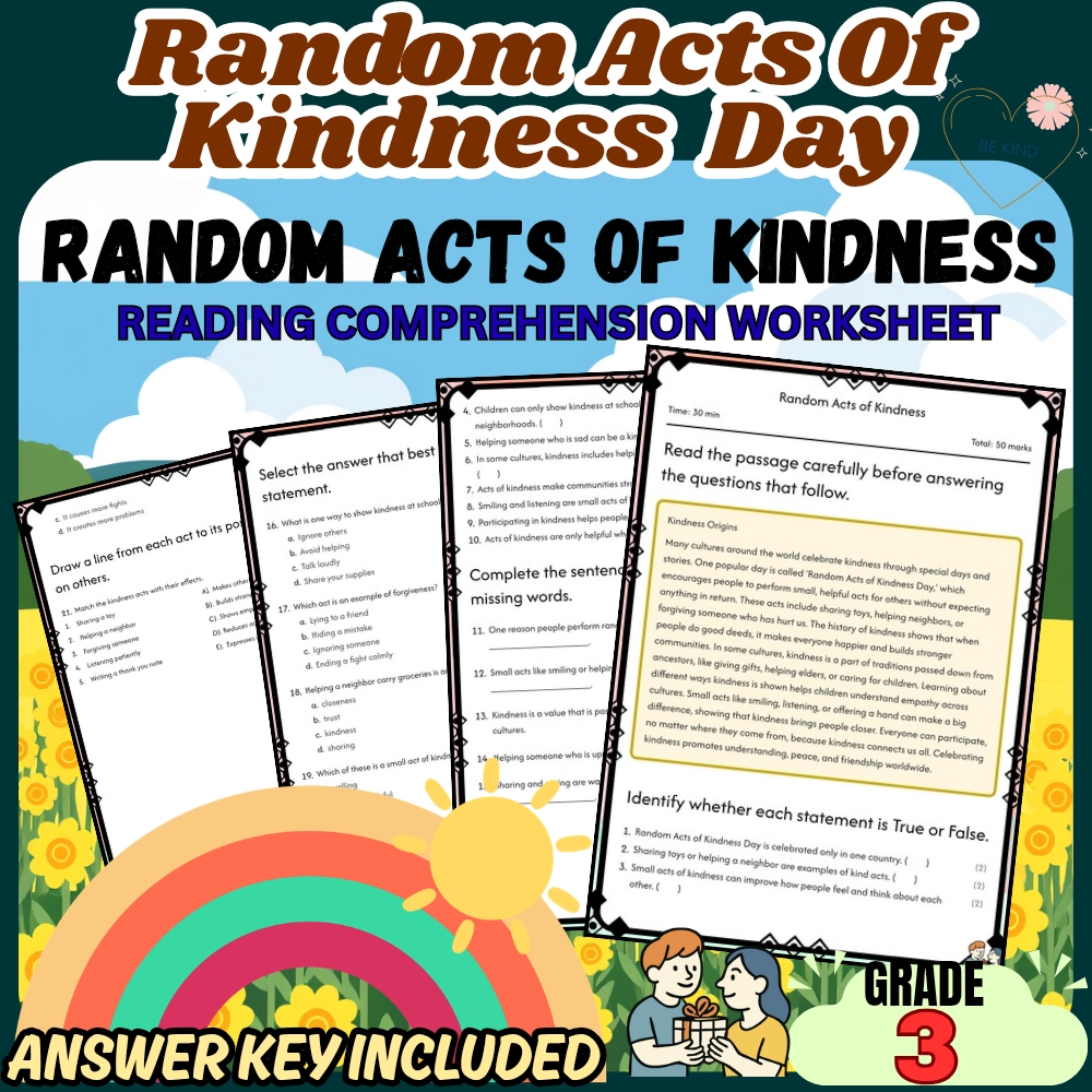 Grade 3 Holiday Random Acts of Kindness Worksheet for Mastery | PDF + Answer Key