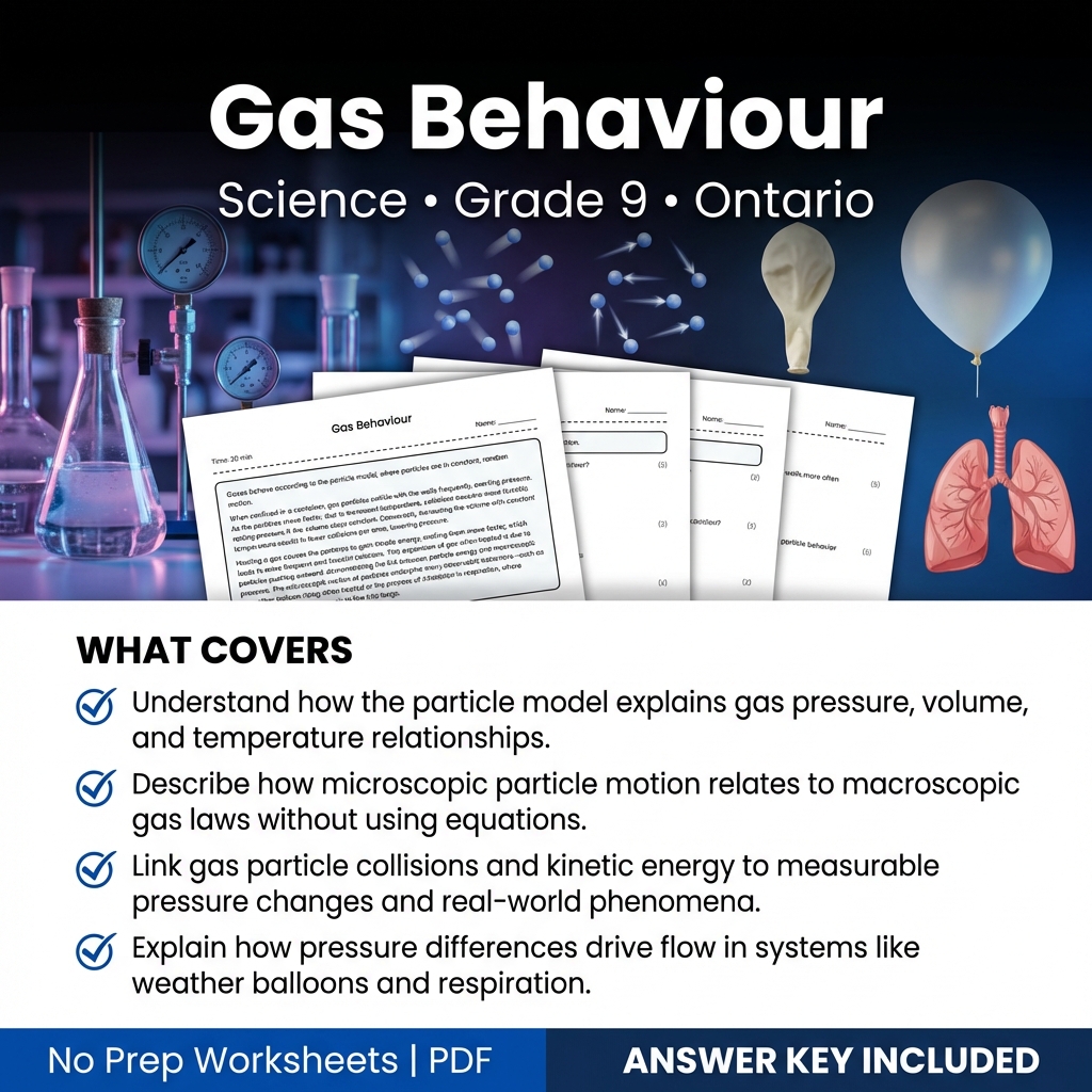 Gas Behaviour Grade 9 Science Worksheet | Ontario Standards Practice