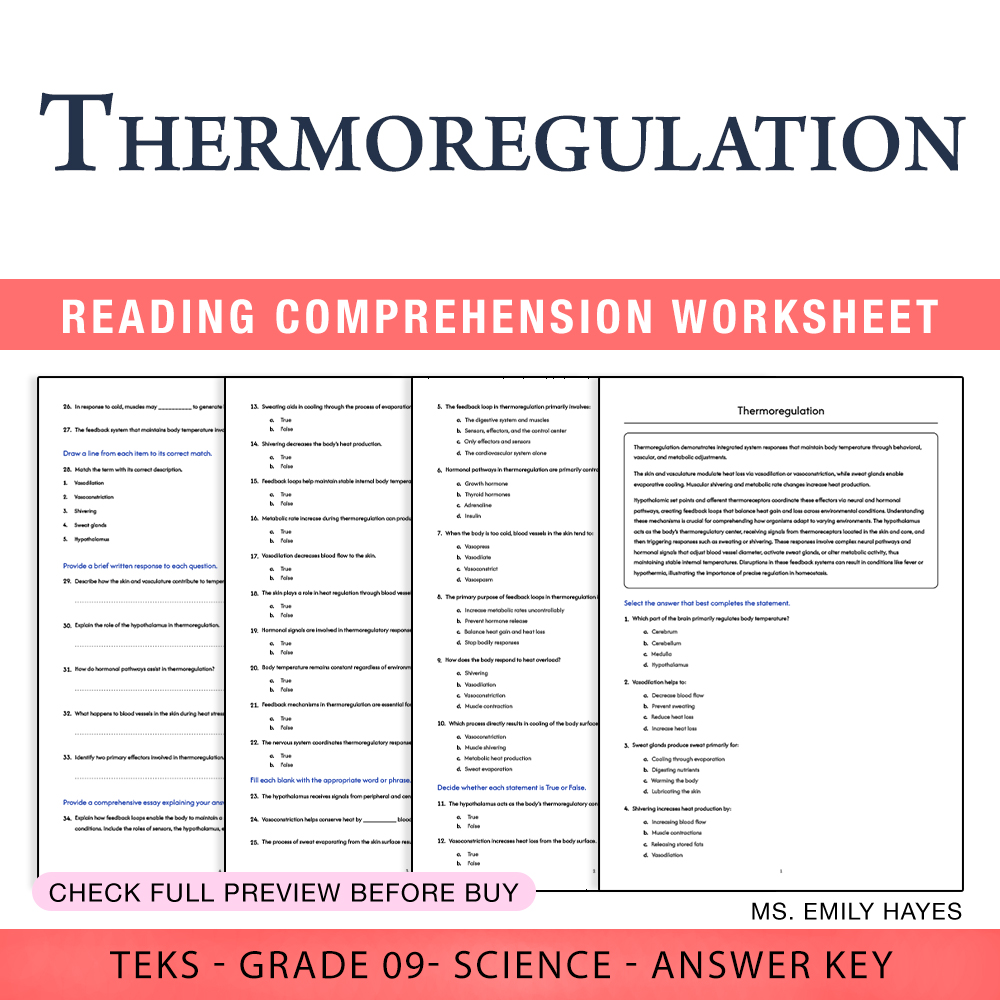 Grade 9 Science worksheet worksheet — 9th Grade Science | Thermoregulation Worksheet (PDF+ Answer Key) — page 1