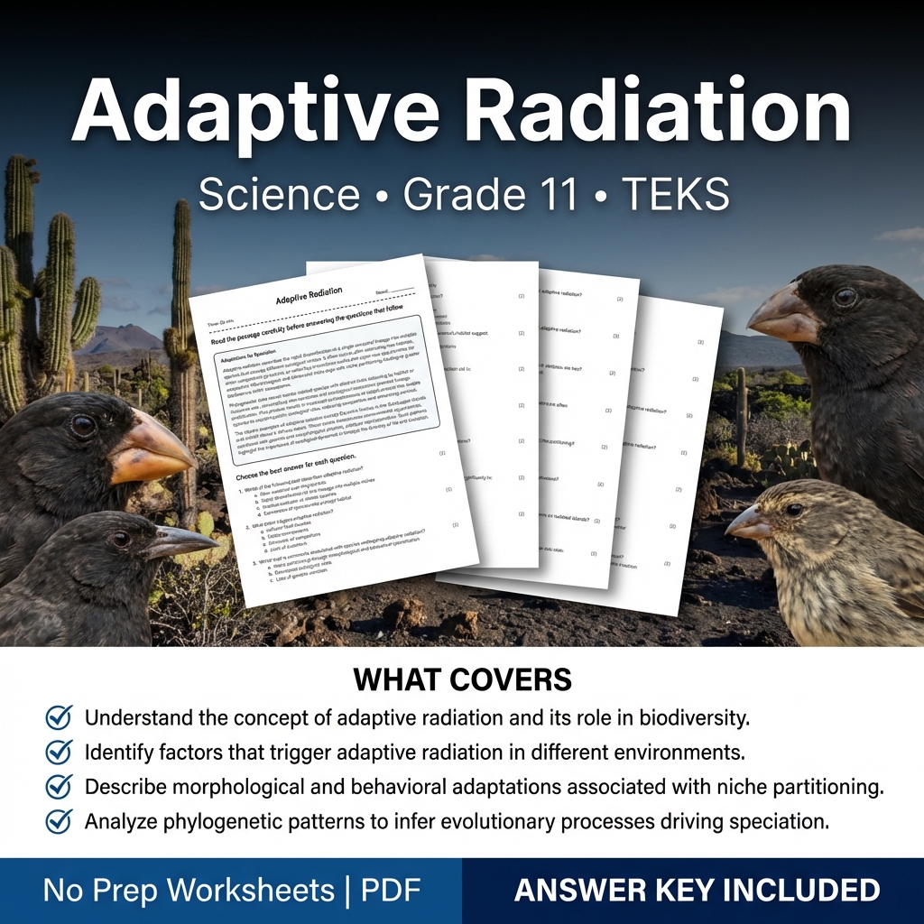Adaptive Radiation Worksheet Grade 11 Science TEKS Practice PDF