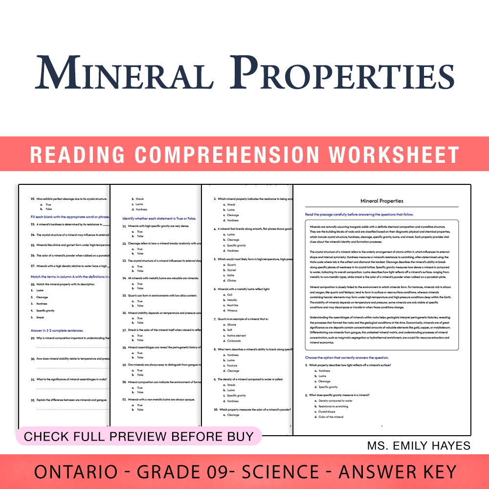 Grade 9 Science worksheet worksheet — 9th Grade Science | Mineral Properties Worksheet (PDF + Answer Key) — page 1