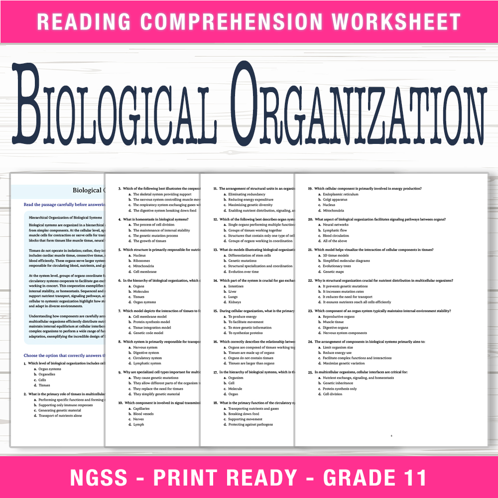 Grade 11 Science worksheet worksheet — Grade 11 Science | Biological Organization Worksheet (PDF + Answer Key) — page 1
