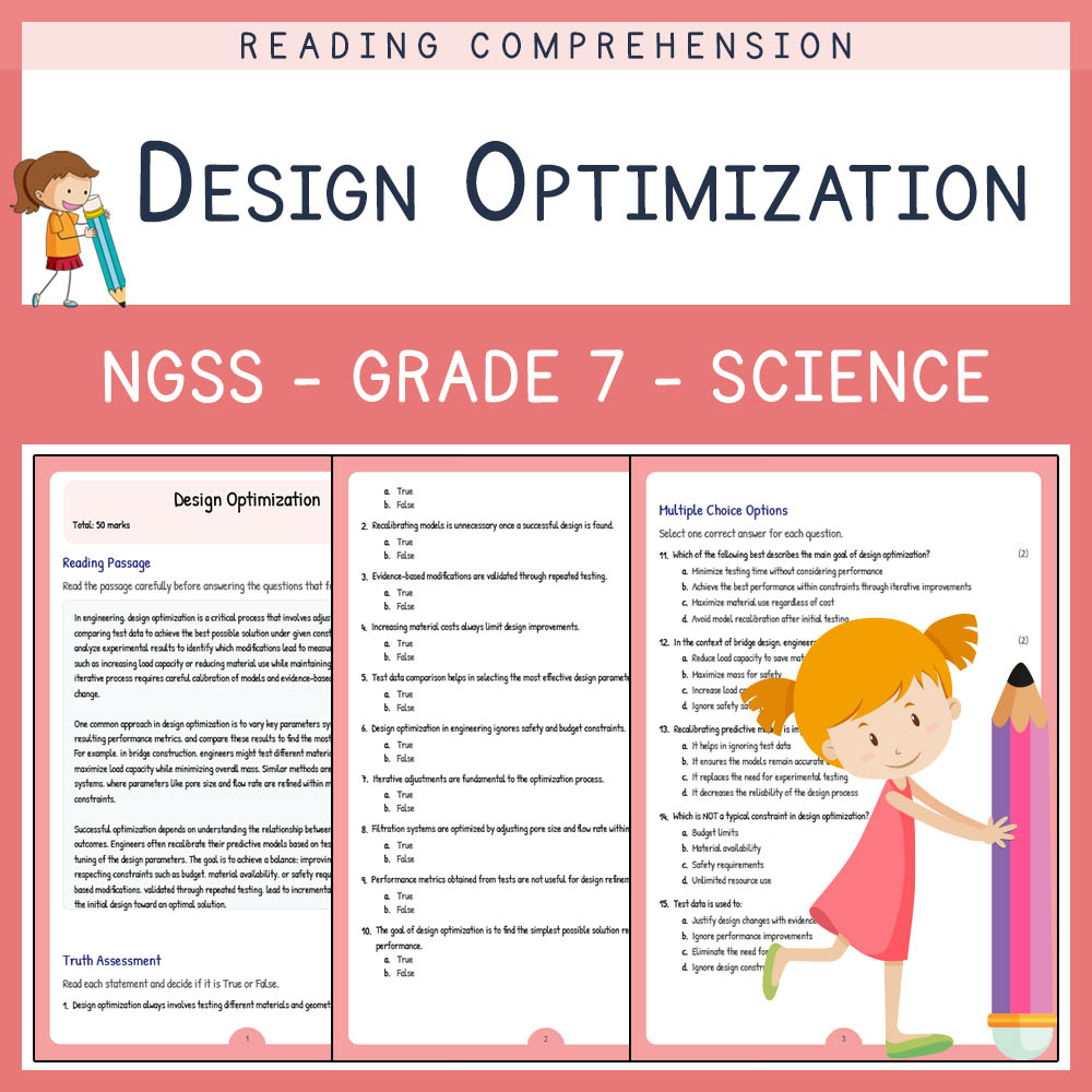 Grade 7 Science worksheet worksheet — Grade 7 Science | Design Optimization Worksheet & Answer Key (NGSS) — page 1