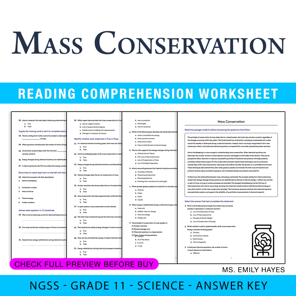 Grade 11 Science — worksheet — 11th Grade Science | Mass Conservation Worksheet (PDF+ Answer Key) — page 1