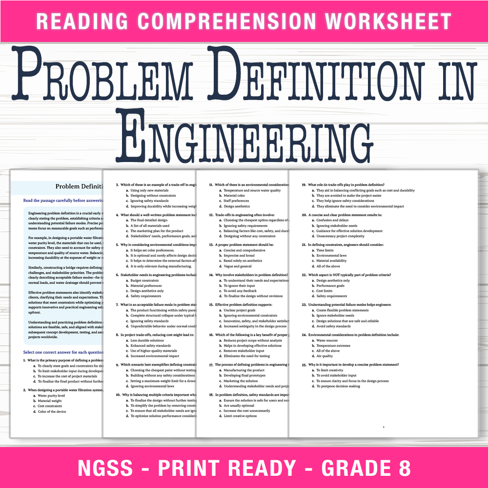 Grade 8 Science worksheet worksheet — Grade 8 Science | Problem Definition in Engineering Worksheet (PDF + Answer Key) — p…