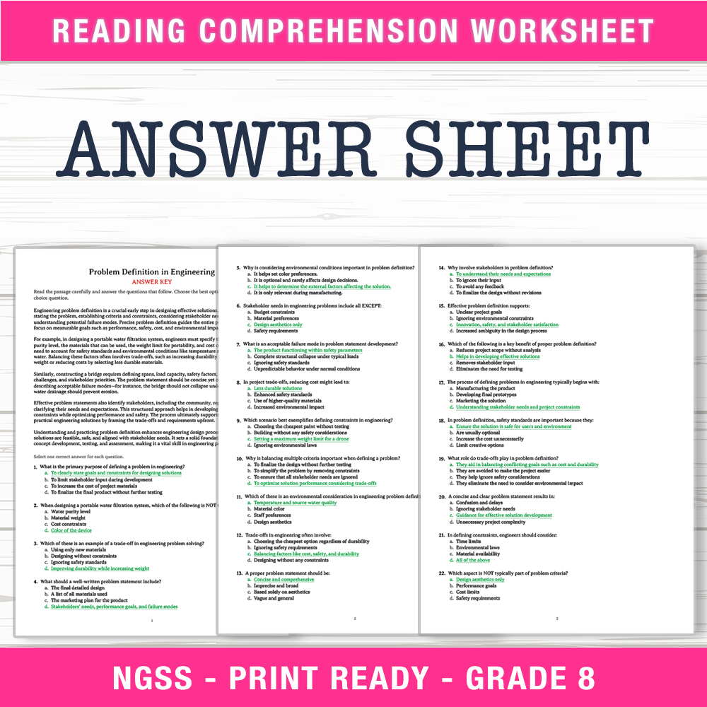 Grade 8 Science worksheet worksheet — Grade 8 Science | Problem Definition in Engineering Worksheet (PDF + Answer Key) — p…