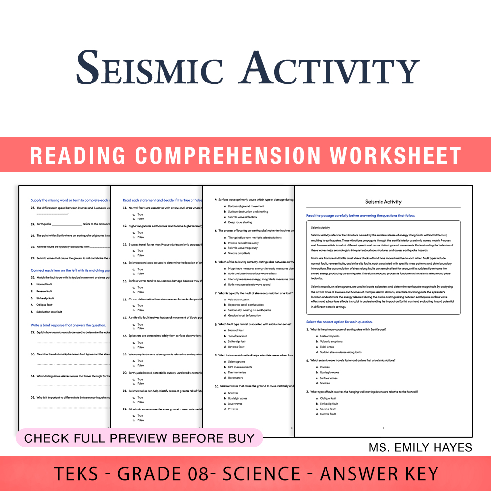 Grade 8 Science worksheet worksheet — 8th Grade Science | Seismic Activity Worksheet (PDF+ Answer Key) — page 1