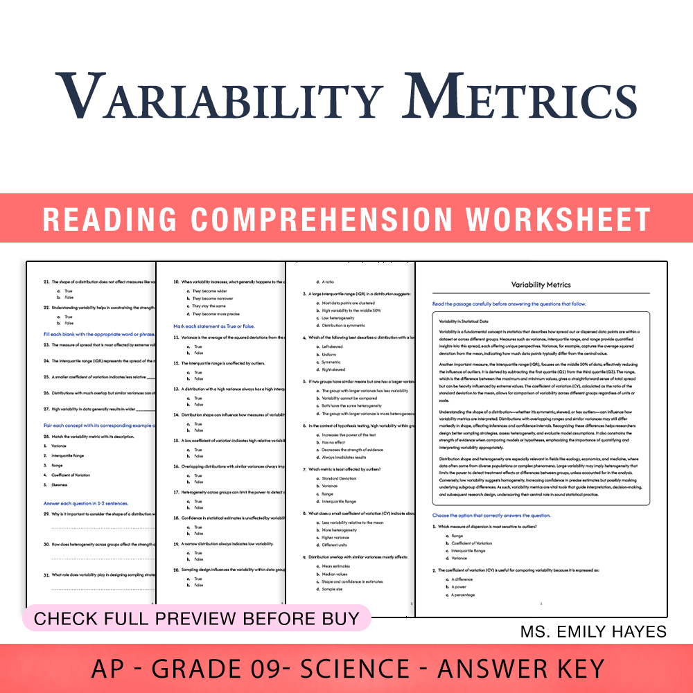 Grade 9 Science worksheet worksheet — 9th Grade Science | Variability Metrics Worksheet (PDF+ Answer Key) — page 1