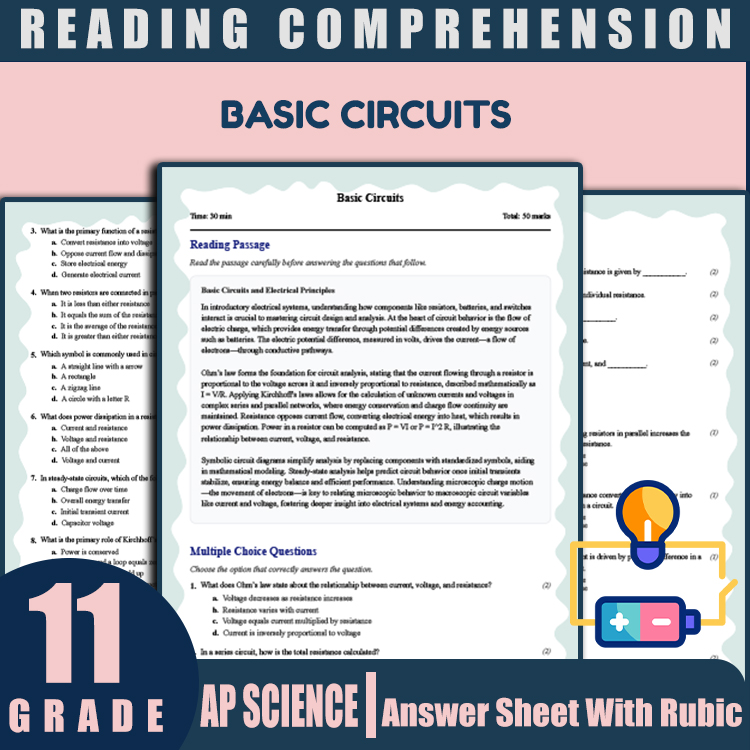 Grade 11 Science reading worksheets worksheet — 11th Grade Science | Basic Circuits Reading Worksheet (PDF + Rubric) — page 1