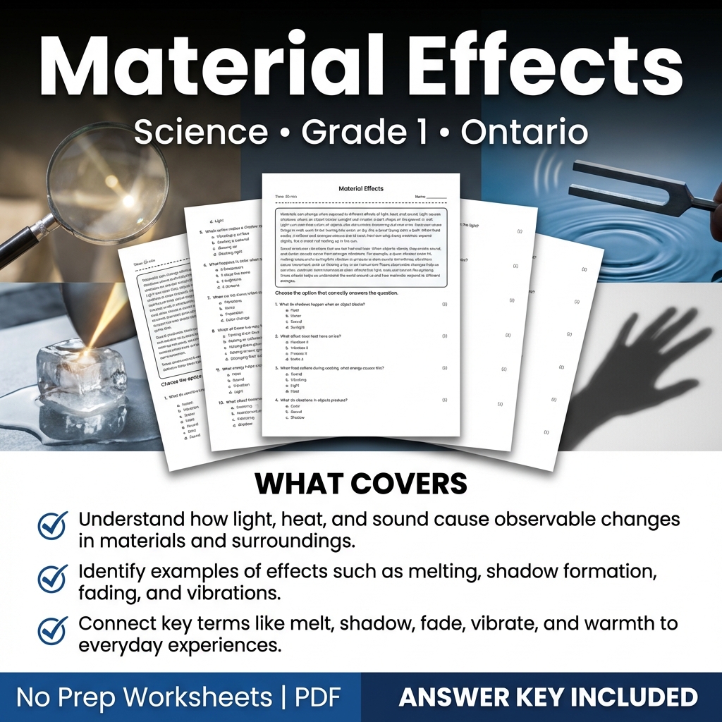 Material Effects Grade 1 Science Worksheet | Ontario Standard Practice