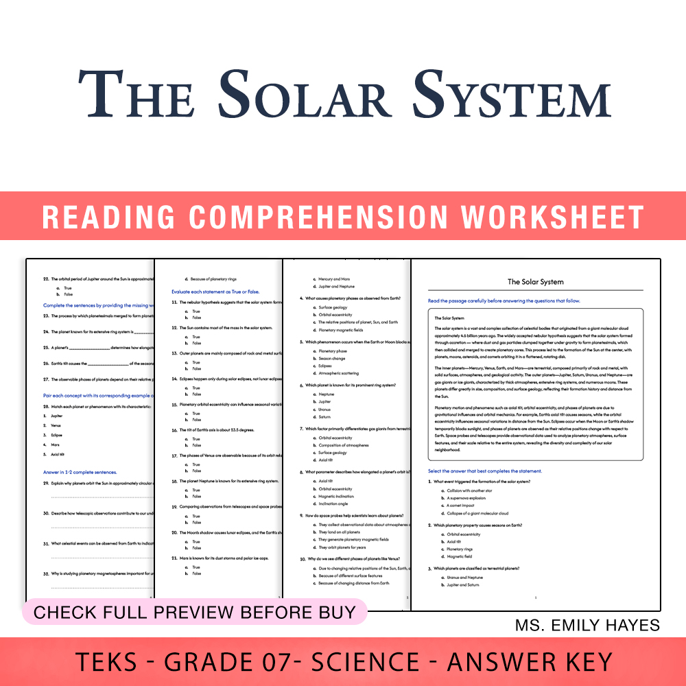 Grade 7 Science worksheet worksheet — 7th Grade Science | The Solar System Worksheet (PDF+ Answer Key) — page 1