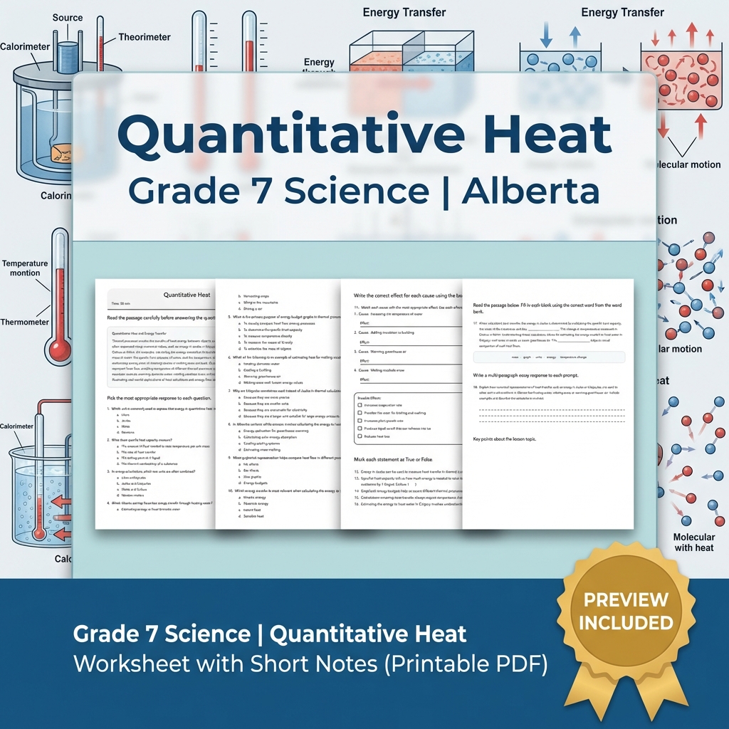 Grade 7 Science | Quantitative Heat Worksheet with Short Notes (Printable PDF)