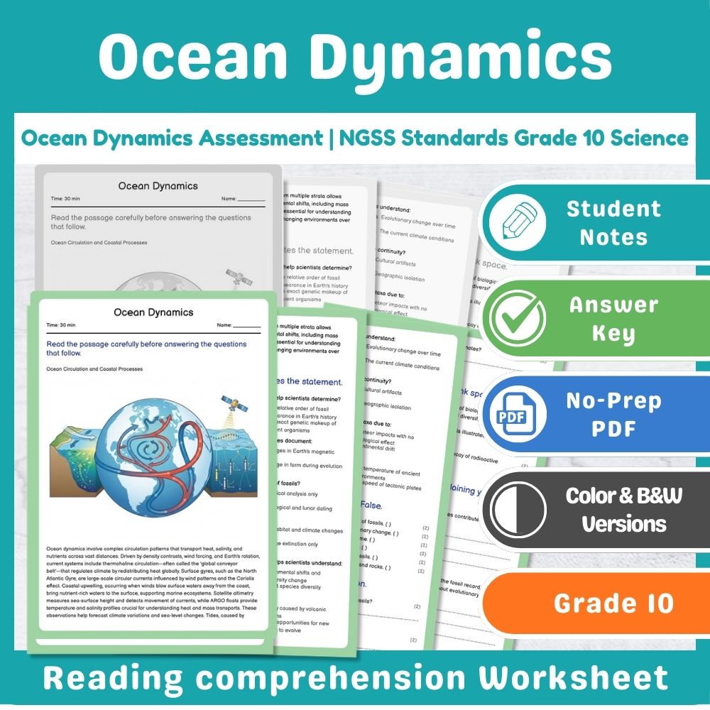 Grade 10 Science assessment worksheet — Ocean Dynamics Assessment | NGSS Standards Grade 10 Science