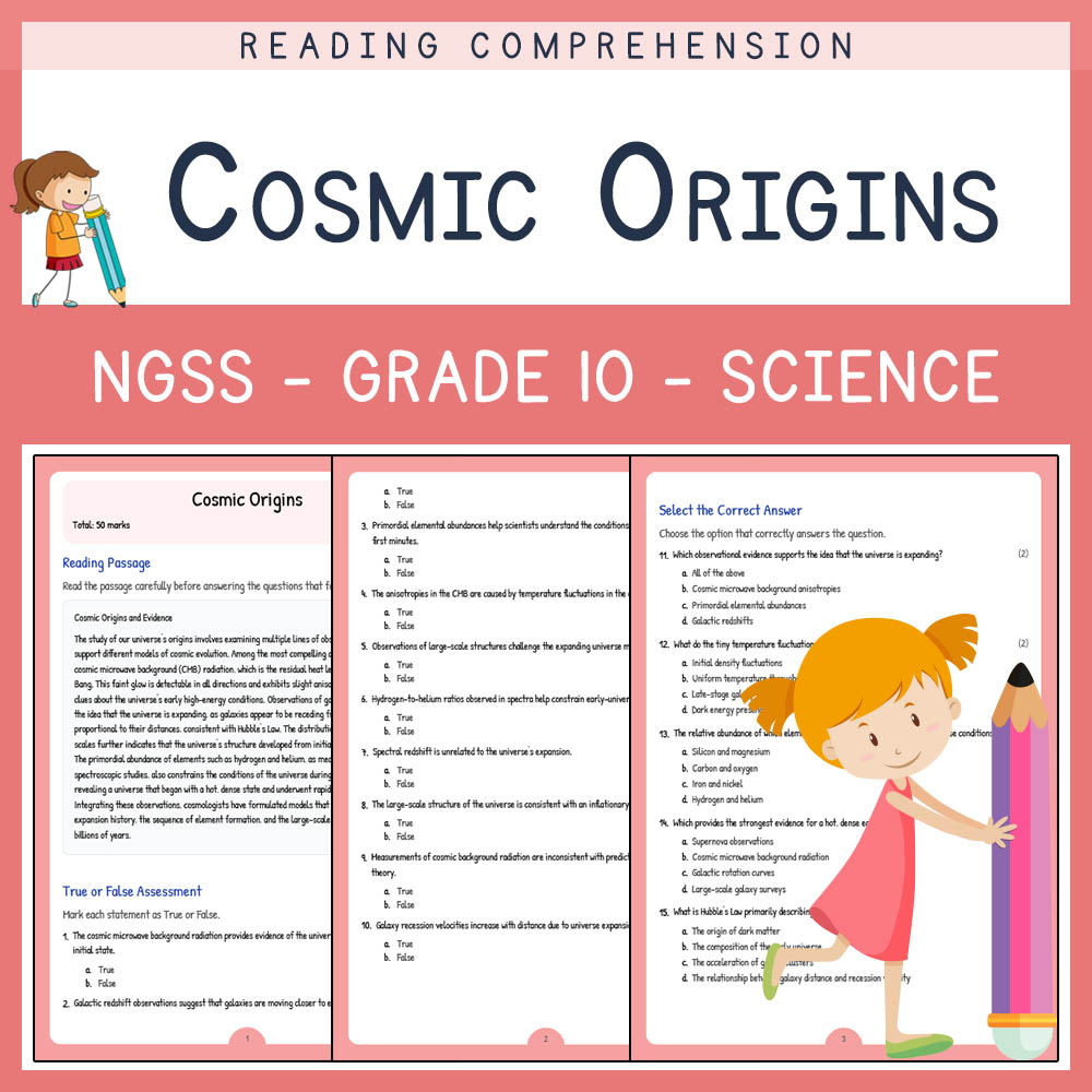 Grade 10 Science worksheet worksheet — Grade 10 Science | Cosmic Origins Worksheet & Answer Key for NGSS Alignment — page 1