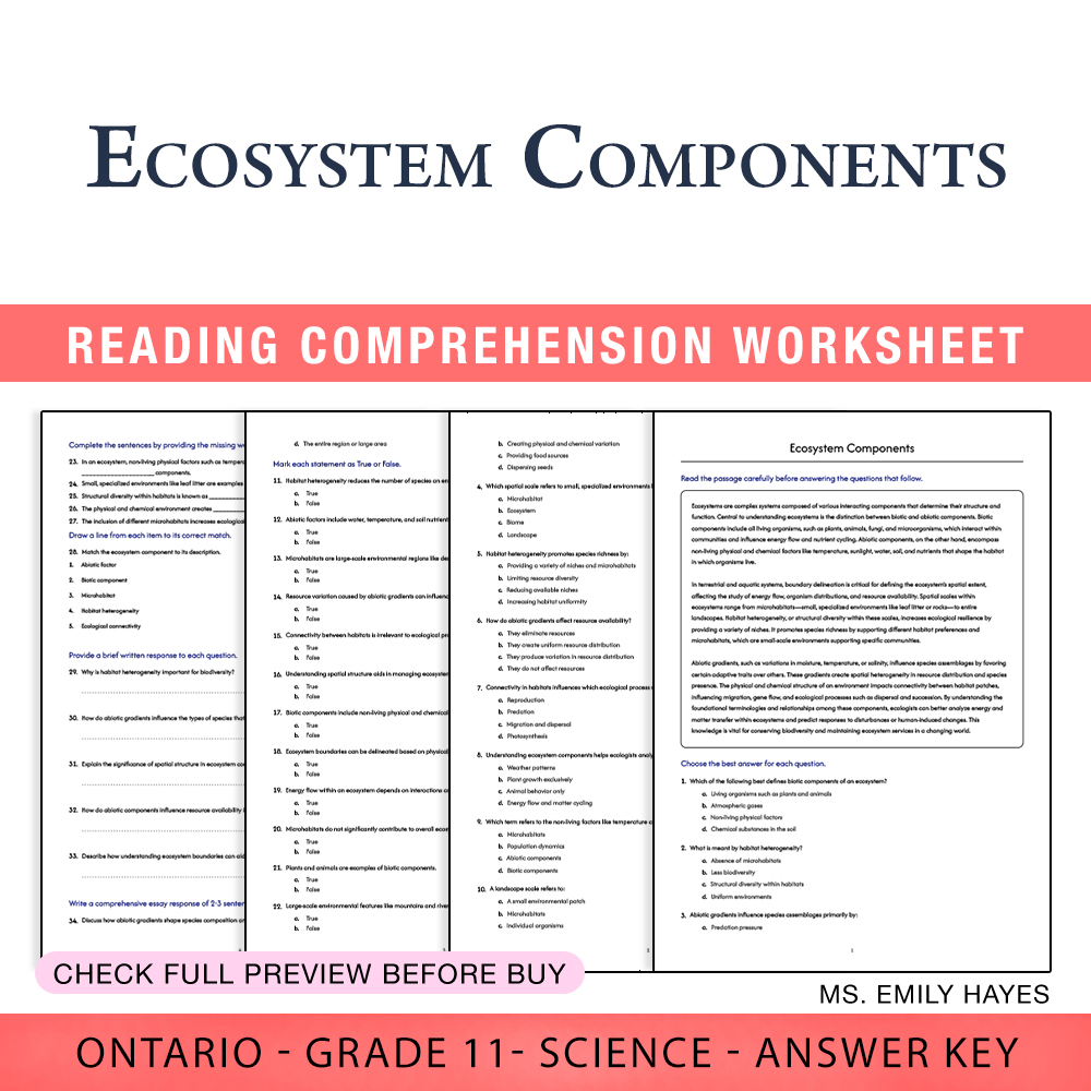 Grade 11 Science worksheet worksheet — Grade 11 Science | Ecosystem Components Worksheet (PDF + Answer Key) — page 1