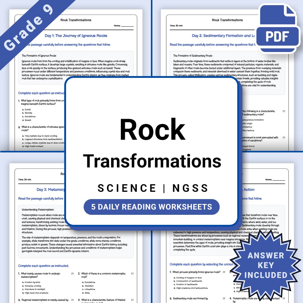 Grade 9 Science daily reading worksheet worksheet — Grade 9 Science Rock Transformations Worksheet(PDF + Answer Key) — page 1
