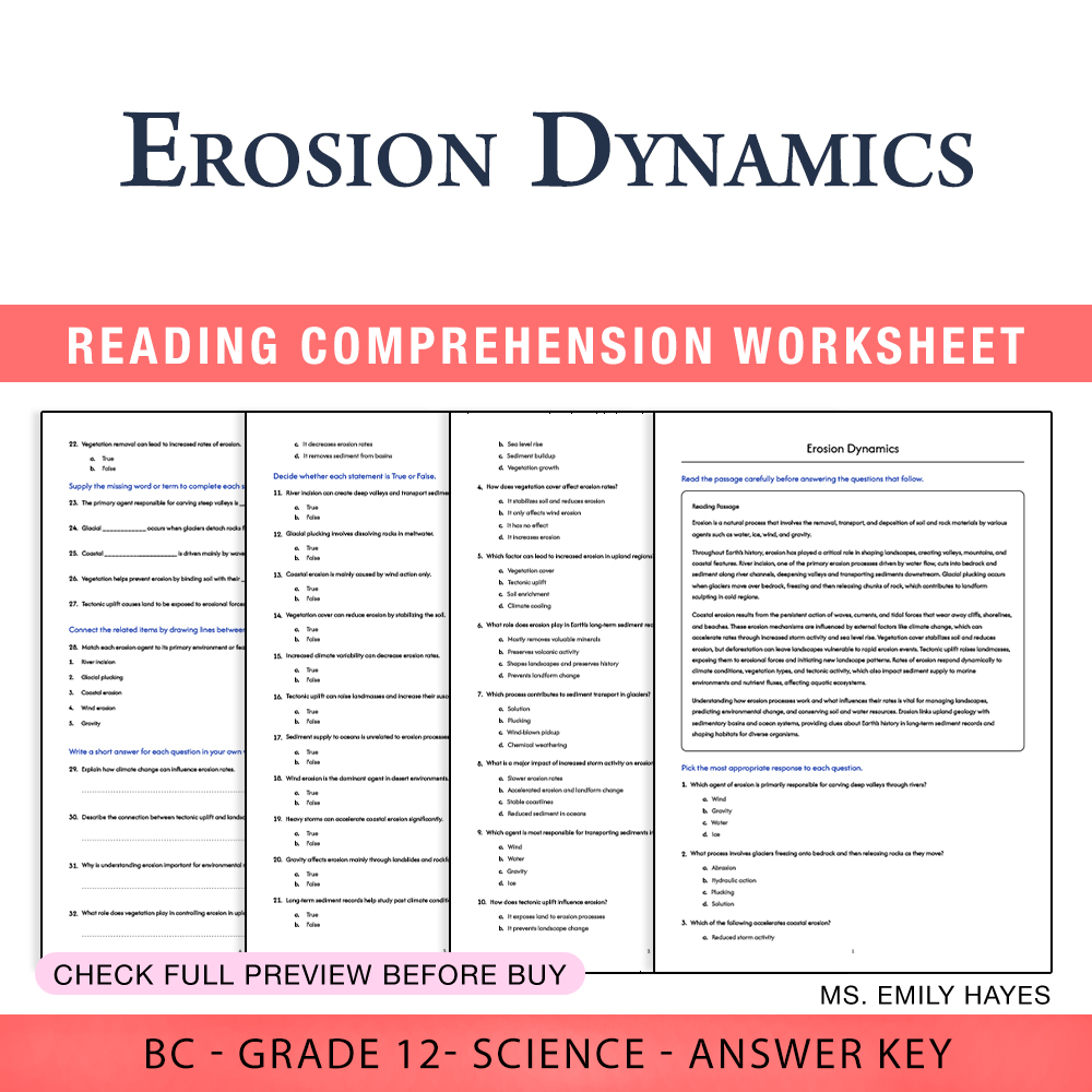 Grade 12 Science worksheet worksheet — Grade 12 Science | Erosion Dynamics Worksheet (PDF + Answer Key) — page 1