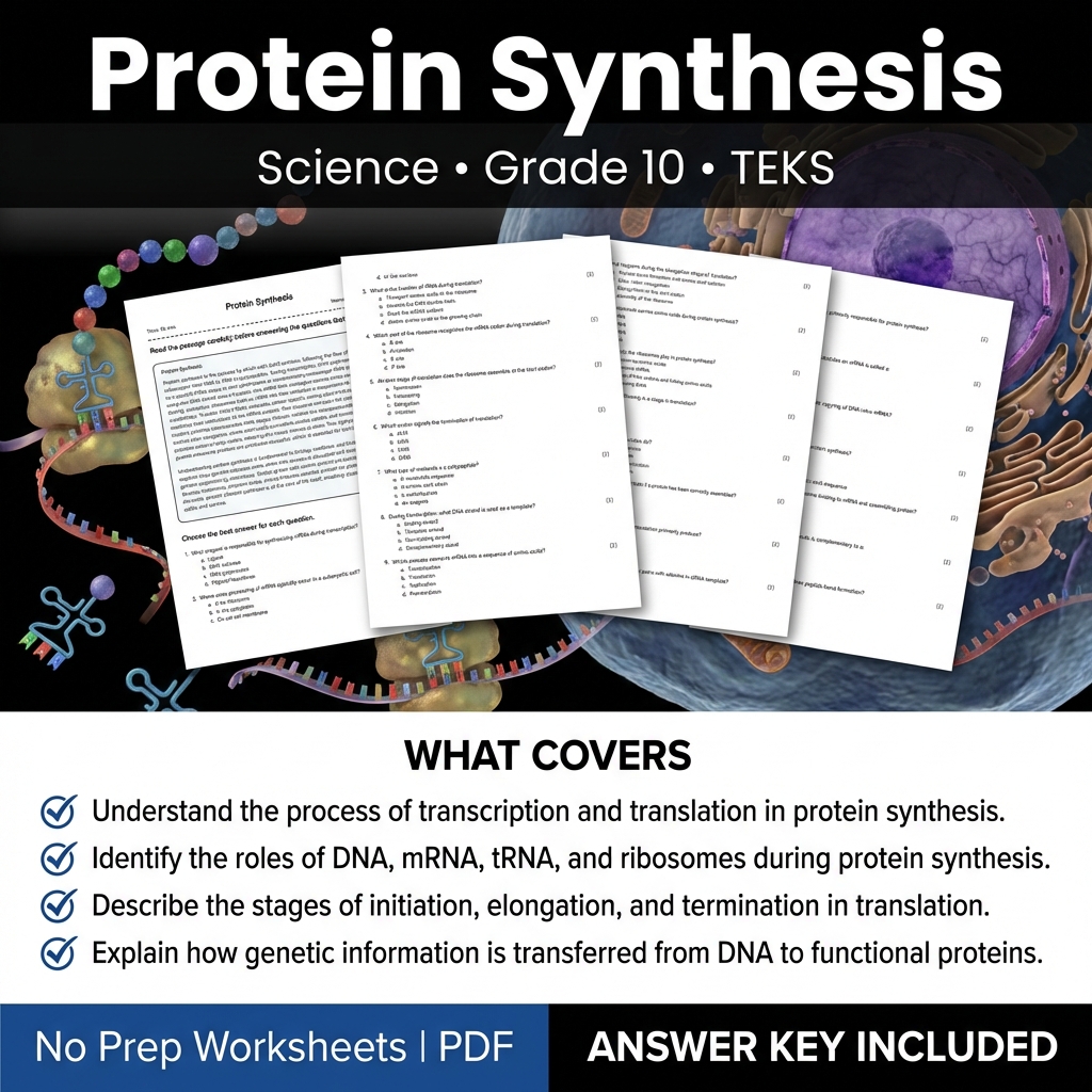 Protein Synthesis Worksheet for Grade 10 Science | TEKS Aligned