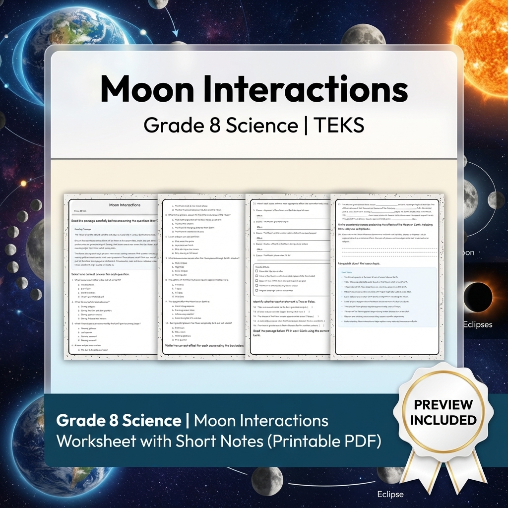 Grade 8 Science | Moon Interactions Worksheet with Short Notes (Printable PDF)