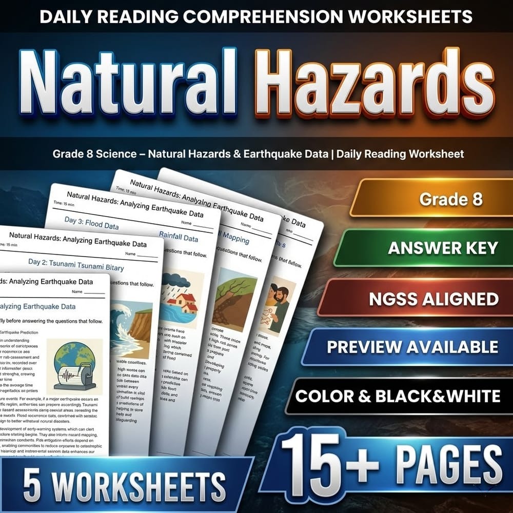 Grade 8 Science daily reading worksheet — Grade 8 Science – Natural Hazards & Earthquake Data | Daily Reading Worksheet