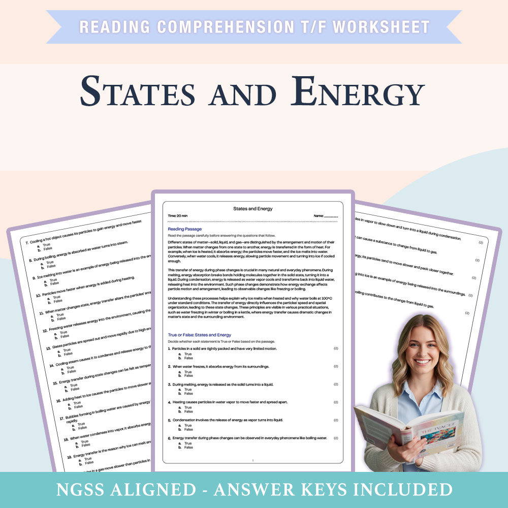 Science reading comprehensions true or false worksheet worksheet — 6th Grade Science | States and Energy True/False Worksh…