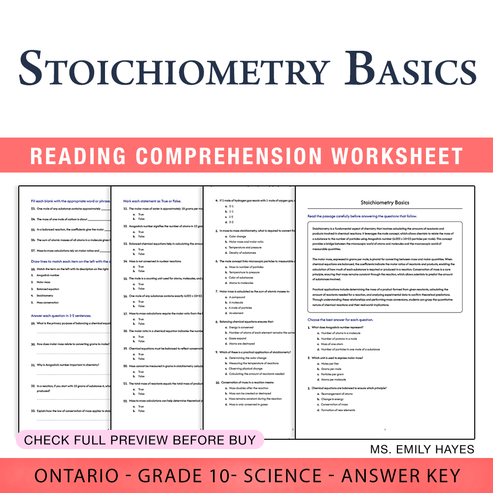 Grade 10 Science worksheet worksheet — 10th Grade Science | Stoichiometry Basics Worksheet (PDF + Answer Key) — page 1